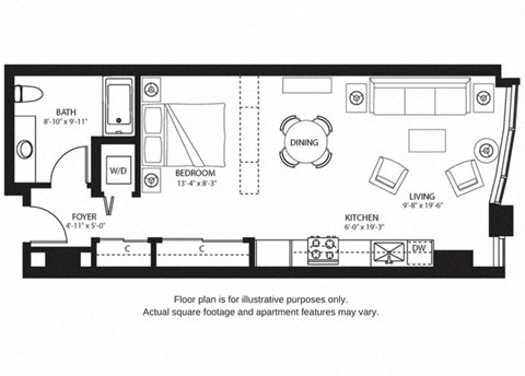 Floor plan for studio, 1 bath, 665 sqft
